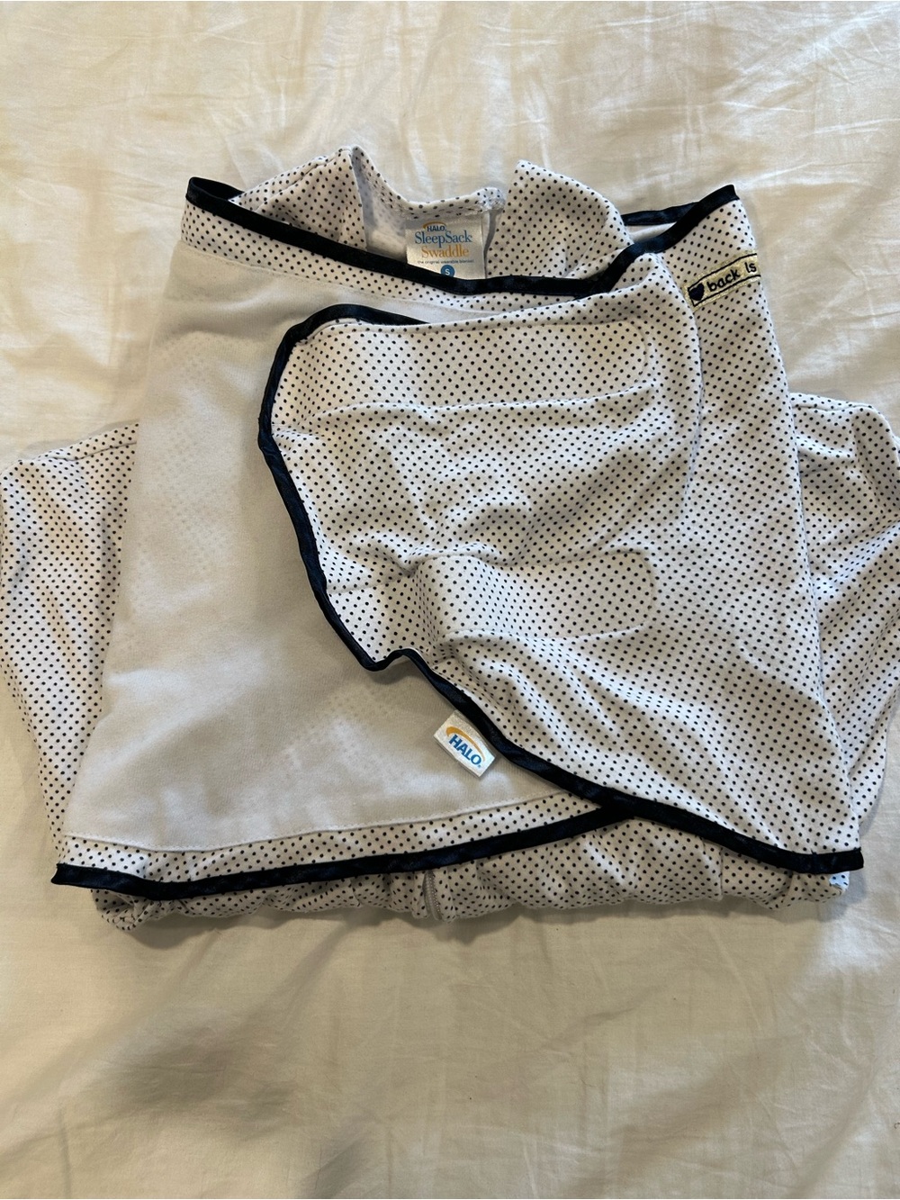 Halo White SleepSack with Black Trim and Dot Pattern